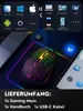 A gaming mouse with RGB lighting is shown on a mousepad, with various device icons and the text 'LIEFERUMFANG:' indicating the contents of the package. Produktbild-Vorschau