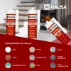 Marketing image showing tubes of HAUSA Kamin und Ofen HA1500 sealant and examples of surfaces it adheres to. Produktbild-Vorschau