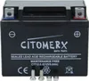 A black motorcycle battery with labels and markings. Produktbild-Vorschau