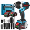 A cordless impact wrench kit with two batteries, a charger, and various accessories, displayed on a white background. Produktbild-Vorschau