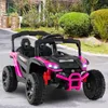 A pink and black ride-on toy car for children, parked on a paved surface in front of a house and garden. Anteprima dell’immagine prodotto