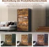 A tall, narrow cabinet with glass doors and LED lighting, displayed in a living room setting with a sofa and stairs. Multiple smaller images below show the cabinet in different lighting conditions. Produktbild-Vorschau