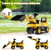 A collage of images showing a yellow toy excavator in an outdoor setting with grass and flowers, and close-ups of its features. Náhled obrázku produktu