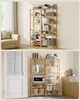 Two images showing bamboo shelving units in different settings. The top image shows shelves in a living room with decorative items and storage boxes. The bottom image shows shelves in a kitchen with appliances and cookware. Produktbild-Vorschau