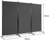 A gray, three-panel room divider with black metal frames and feet, displayed against a white background with dimensions indicated. Anteprima dell’immagine prodotto