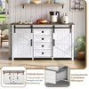 A white sideboard with sliding barn doors and drawers, decorated with kitchen appliances and fruit, in a room setting. Voir les images du produit
