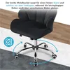 A black office chair with a chrome base and wheels is shown on a floor with different textures. Blue arrows indicate the chair's swivel and movement capabilities. Text describes the chair's features. Produktbild-Vorschau