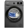A front view of a gray Bomann brand heat pump dryer with laundry inside. Produktbild-Vorschau