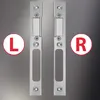 Two silver door strike plates are shown against a gradient gray background. Red circles with white letters 'L' and 'R' are placed to the left and right of the strike plates, respectively. Produktbild-Vorschau