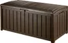 A brown outdoor storage box with a slatted lid and front. Podgląd zdjęcia produktu