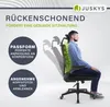 A man sitting in an ergonomic office chair, with text overlays highlighting its features. Podgląd zdjęcia produktu