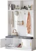 A white hall tree with a bench, hooks, and shelves, decorated with accessories like coats, bags, and shoes. Anteprima dell’immagine prodotto