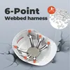 A diagram showing the inside of a white hard hat with a 6-point webbed harness system, illustrating how it distributes impact. The background is a cracked gray surface. Produktbild-Vorschau