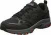 A single black and gray Skechers trail shoe with red accents is shown from a side-angle against a white background. Produktbild-Vorschau