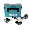 A Makita angle grinder, battery, and storage case are displayed on a white background. Produktbild-Vorschau