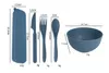 A diagram showing the dimensions and weights of a blue cutlery set and a blue bowl. Produktbild-Vorschau