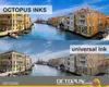 A split image showing a canal in Venice, Italy, with text overlays indicating different ink types. Produktbild-Vorschau