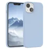 A light blue silicone phone case is shown on a white background, with a smartphone inside the case displaying a mountain landscape. Produktbild-Vorschau