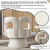 A beige swivel chair is shown in a room with wooden cabinets in the background. Close-up inserts highlight the fabric texture and a detail of the chair's backrest. Anteprima dell’immagine prodotto