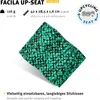 A green and black speckled seat pad is shown on a white background, with product specifications and marketing text. Produktbild-Vorschau