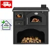 A black wood-burning stove with a roast chicken in the oven and firewood below. Produktbild-Vorschau
