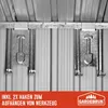 Close-up view of hooks inside a metal shed, with text indicating they are for hanging tools. Produktbild-Vorschau