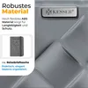 A close-up of a textured gray suitcase with a KESSER logo and text describing its features, alongside an image of a passport holder. Produktbild-Vorschau