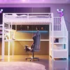 A loft bed with a desk and shelves, set up in a modern room with ambient lighting. Podgląd zdjęcia produktu