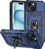 A blue iPhone 15 case with a sliding camera cover and a ring holder is displayed from multiple angles. Produktbild-Vorschau