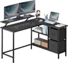 A black L-shaped desk with dual monitors, a laptop, and storage shelves. Produktbild-Vorschau