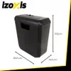 A black paper shredder with dimensions indicated by lines and text. Produktbild-Vorschau