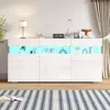 A modern white sideboard with LED lighting is displayed in a room with curtains and a rug. Produktbild-Vorschau