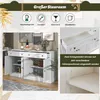 A white sideboard with open doors and drawers, showcasing storage space and adjustable shelves. The image also includes icons and text highlighting storage capacity. Produktbild-Vorschau