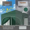 A split image showing a green tent under a sunny sky on the left and under rain on the right, with text overlays highlighting its features. Produktbild-Vorschau