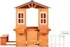 A wooden playhouse with a bench, mailbox, and fence, set against a white background. Náhled obrázku produktu