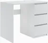 A white desk with three drawers on the right side, shown from a side-angle.