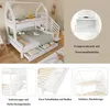 A collage of images showcasing a white bunk bed with a house-like design, stairs, drawers, and a slide, along with close-ups of its features and descriptive text. Produktbild-Vorschau
