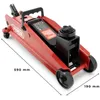 A red hydraulic trolley jack is shown from a slightly elevated side angle on a white background. Dimensions are indicated with lines and text. Produktbild-Vorschau