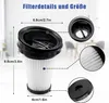 A vacuum cleaner filter with dimensions and close-up views of its components. Produktbild-Vorschau