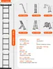 A collage of images showing a multi-functional ladder in various configurations, along with a detailed specification chart. Náhled obrázku produktu