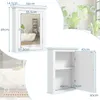 A collage of images showing a white bathroom cabinet with a mirror, including dimensions and an open view of the interior. Anteprima dell’immagine prodotto