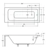 Technical drawing of a bathtub with dimensions. Podgląd zdjęcia produktu