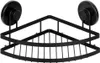A black metal corner shower caddy with two shelves, attached to a wall by suction cups. Náhled obrázku produktu