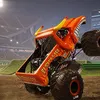A monster truck with a bull's head design, performing a stunt in a stadium at night. Produktbild-Vorschau