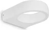 A white, modern wall lamp with a curved, teardrop-like shape, mounted on a white background. Produktbild-Vorschau