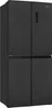 A black refrigerator with four doors is shown from a three-quarter angle against a light gray background. Produktbild-Vorschau