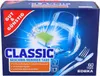 A box of dishwasher detergent tabs with an image of a sparkling glass and cutlery. Produktbild-Vorschau