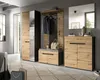 A modern entryway with a multi-piece wardrobe set, including a tall cabinet with a mirrored door, a bench with storage, and a wall-mounted unit with a shelf and coat hooks. A mirror hangs above a chest of drawers. Produktbild-Vorschau