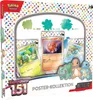 A product box for a Pokemon "Karmesin & Purpur 151 Poster Collection" set, featuring trading cards and character illustrations. Produktbild-Vorschau