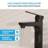 A black faucet with water flowing from it, with feature callouts on the left. Produktbild-Vorschau